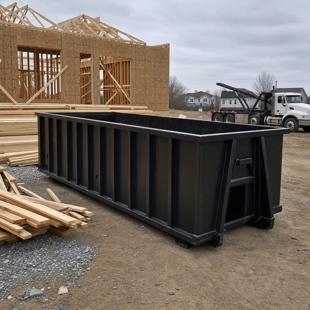 Matte-black 40-yard roll-off dumpster staged on a framed-out residential construction site in Nutley, framing lumber stacked nearby, hooklift delivery truck visible in the background under bright Colorado daylight