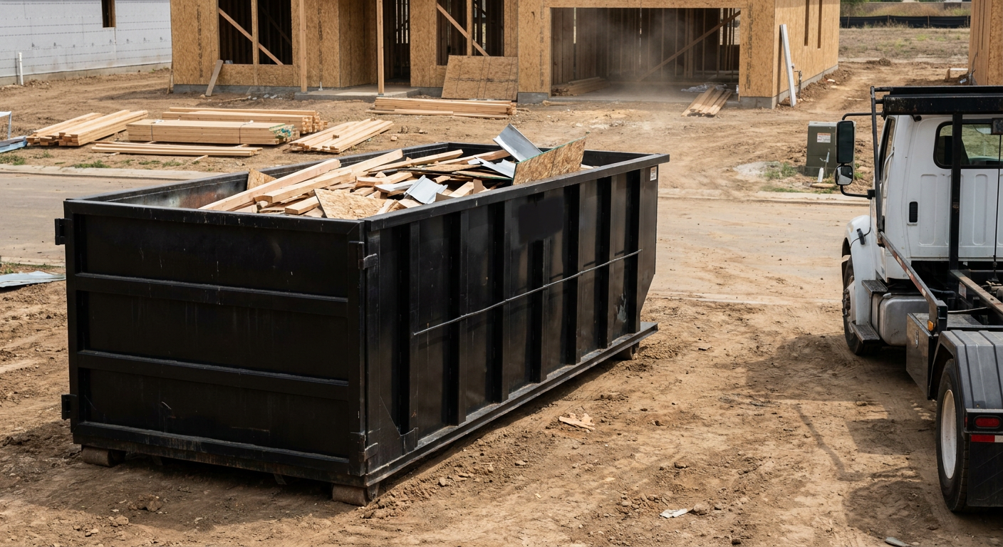 Matte-black 20-yard roll-off construction dumpster with heavy ribbed steel sidewalls and swing rear doors at a working jobsite in Nutley, sitting directly on compacted dirt with an unmarked white hauler partially visible at the far edge of the frame.