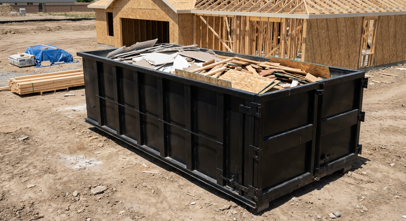 Matte-black 30-yard roll-off construction dumpster sitting directly on the compacted-dirt site of a framed single-family home build in Nutley, drywall and lumber scrap loaded inside.
