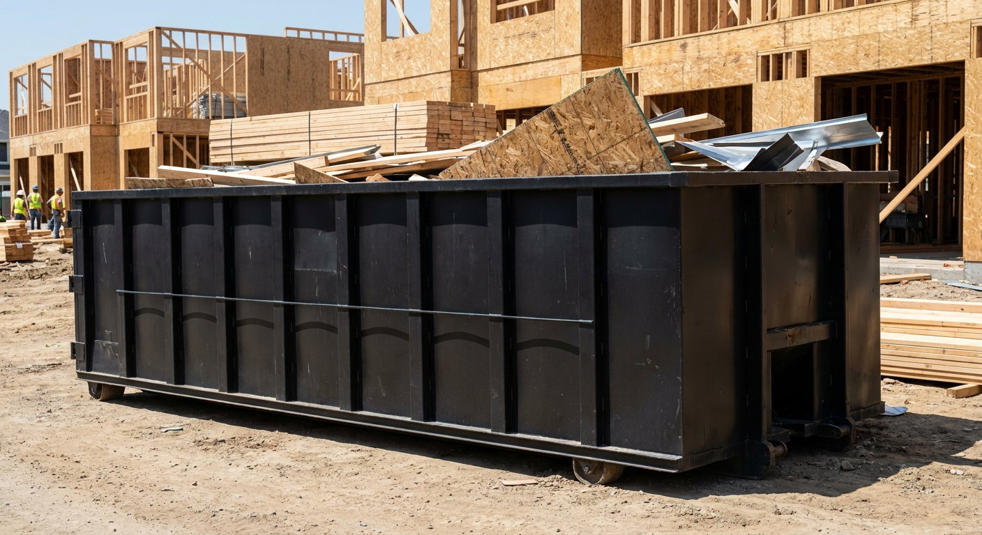 Matte-black 40-yard roll-off construction dumpster being lowered from a white-cab hooklift delivery truck onto the compacted-dirt jobsite at a commercial build site in Nutley