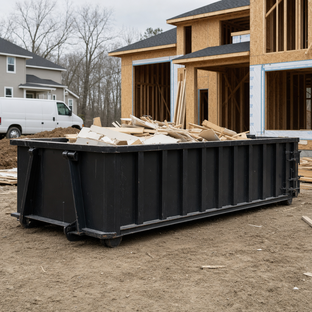 Worker in a yellow high-visibility vest tossing framing lumber and broken drywall into a matte-black 30-yard construction roll-off dumpster on an active build site in Nutley, bright daylight