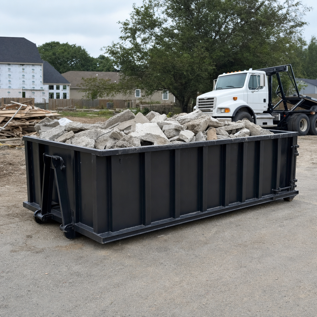 Low-profile matte-black lowboy roll-off dumpster loaded with broken concrete slab and rebar at a foundation tear-out in Nutley, skid steer parked beside it, sunny Colorado morning