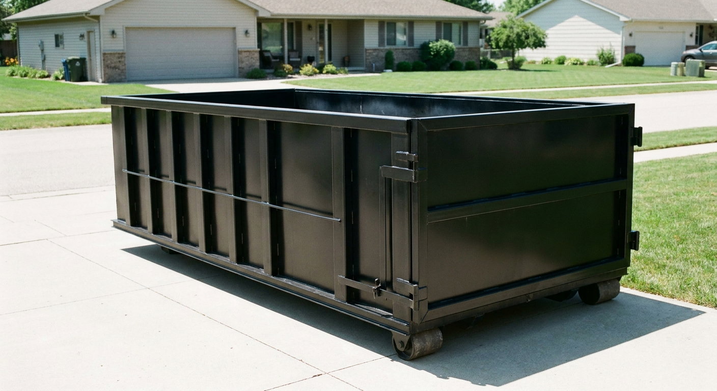Matte-black 10-yard roll-off dumpster on a residential concrete driveway in Nutley, uniformly painted matte black across every panel and rail, ribbed steel sidewalls and rear swing door visible, mid-day daylight.