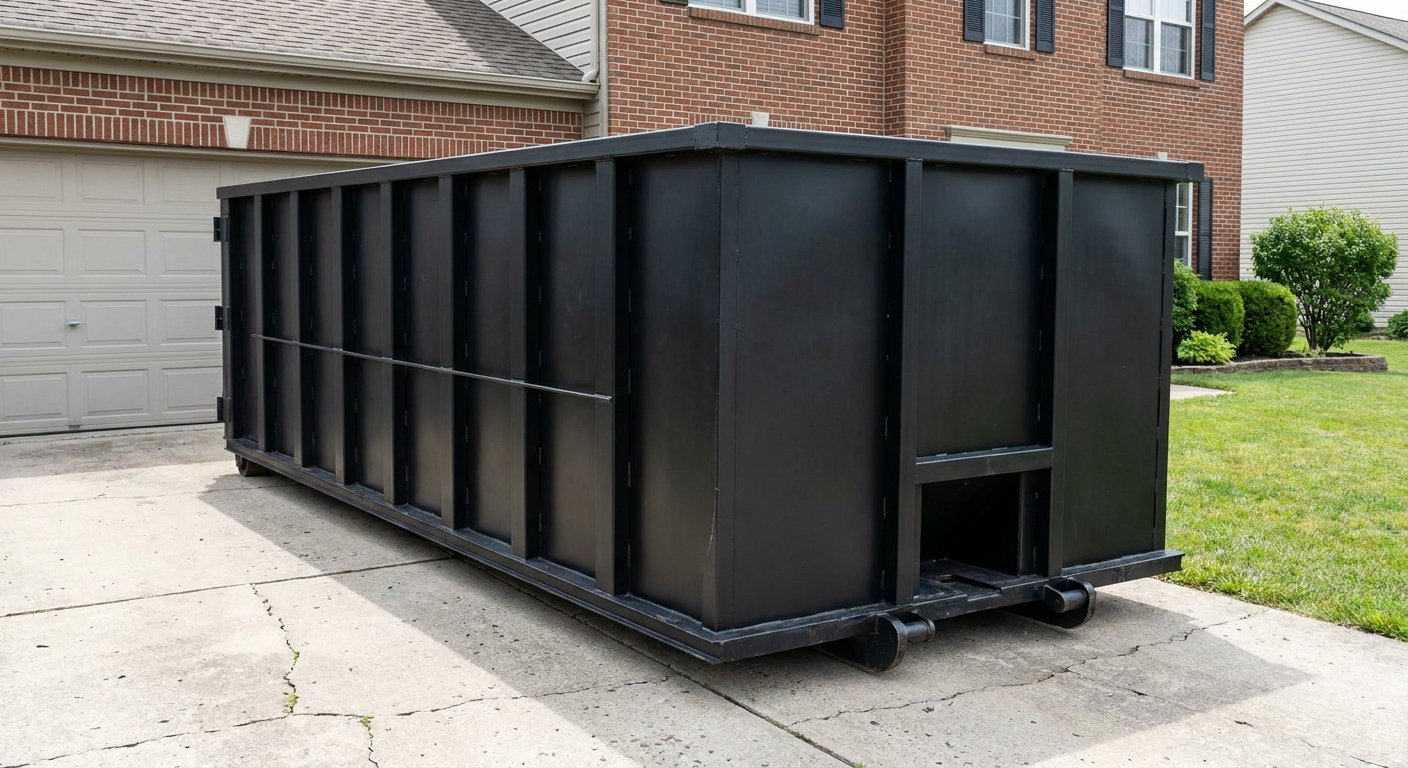 Matte-black 20-yard roll-off container on a Nutley residential concrete driveway with reinforced ribbed steel sidewalls and a hinged rear walk-in door, clean bright daylight.
