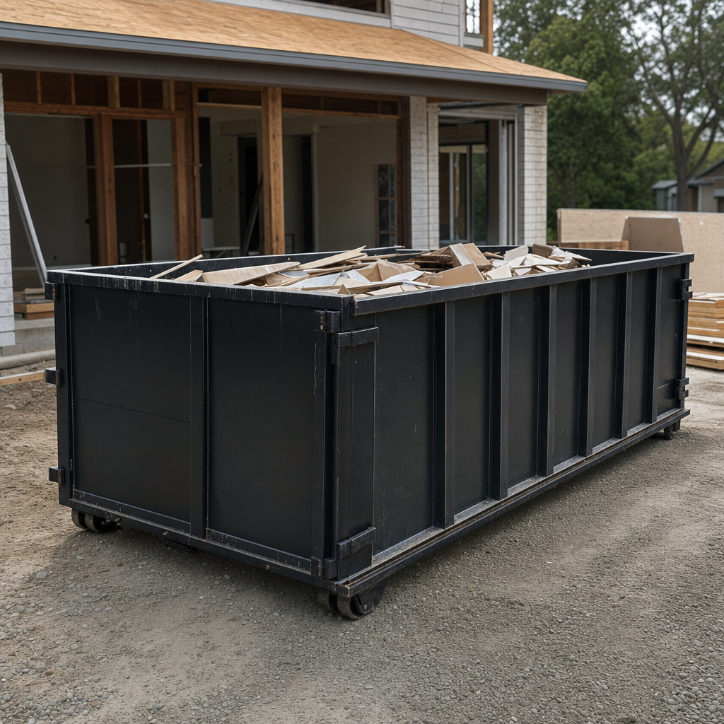 Large matte-black 30-yard construction roll-off dumpster at an active Nutley jobsite, steel-gray top rails and bottom rollers visible, loaded with construction debris.
