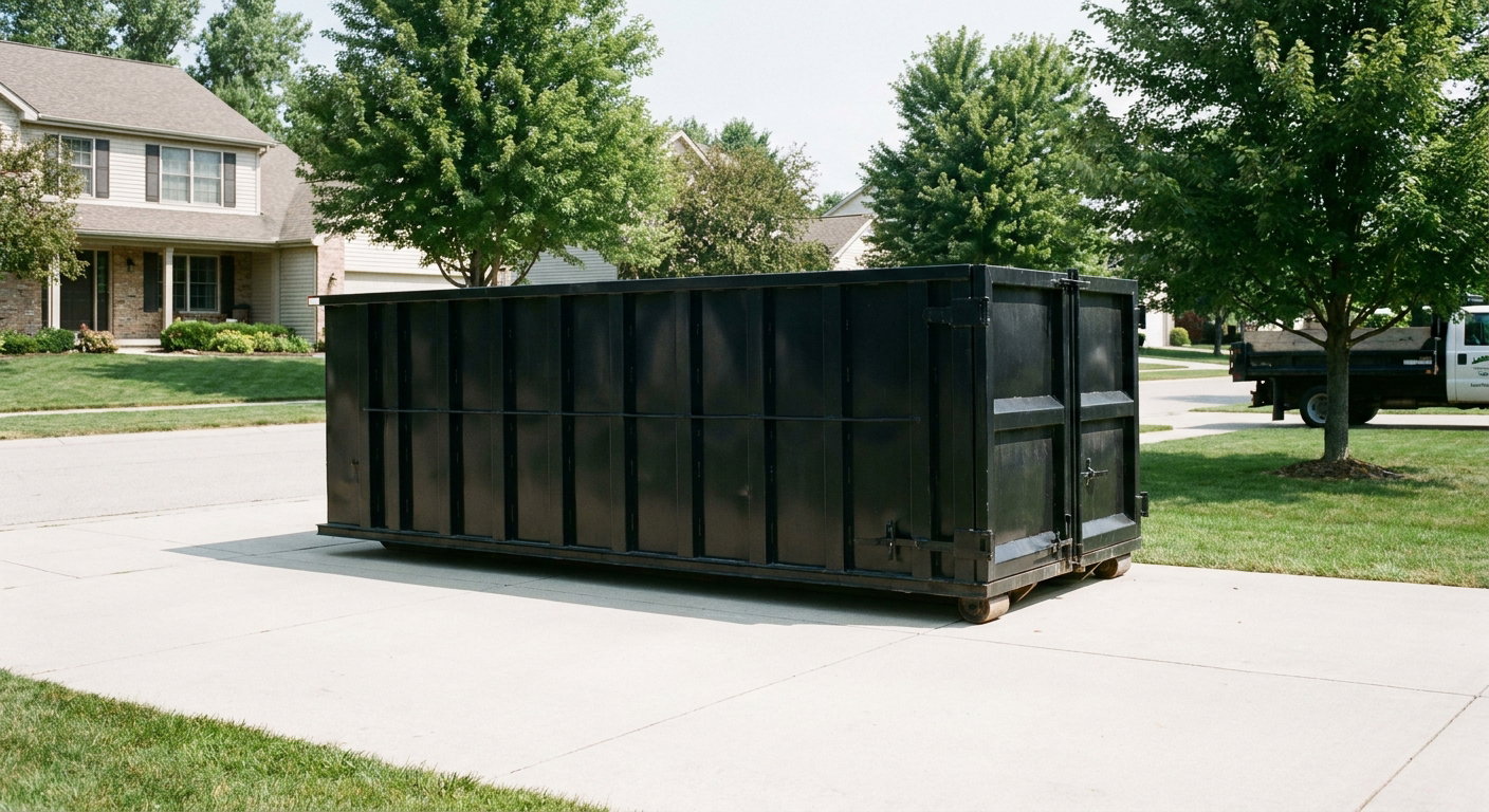 Matte-black 20-yard roll-off dumpster sitting level on a clean Nutley residential concrete driveway under bright daylight, demonstrating clean placement directly on the concrete.