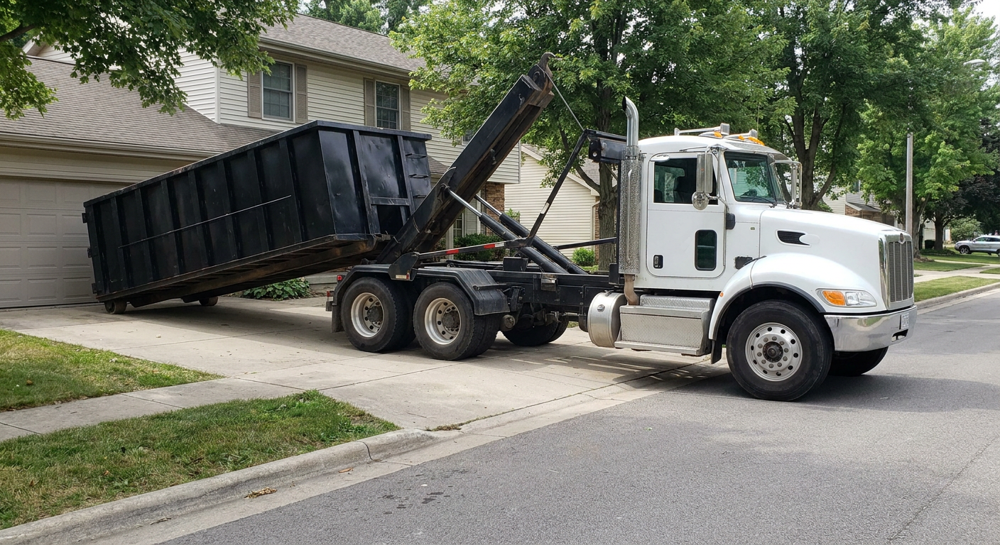 White-cab hooklift roll-off truck actively lowering a matte-black dumpster onto a Nutley residential concrete driveway, the dumpster's rear wheels touching the driveway as the hoist arm tilts the bed forward, mid-morning daylight.