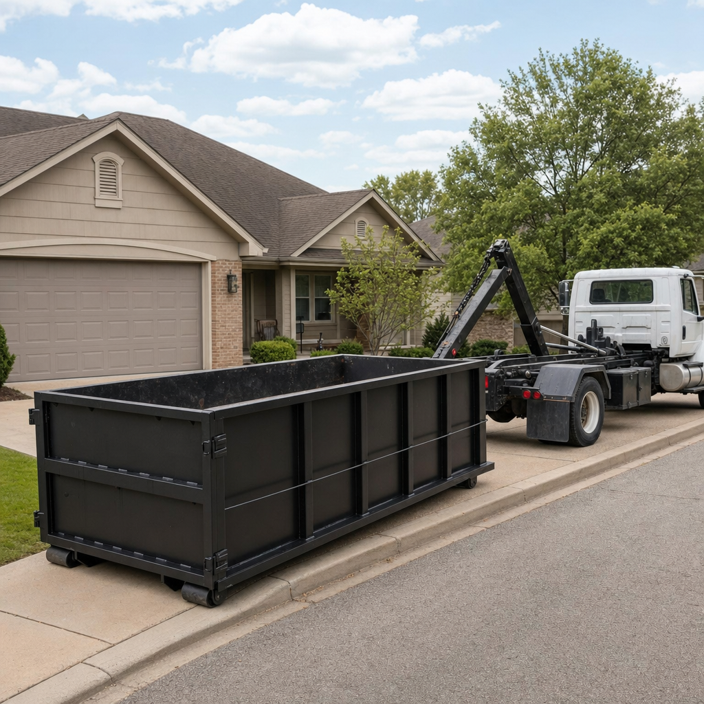 Wide documentary shot of a matte-black roll-off dumpster on a Nutley residential driveway in the foreground and a contractor jobsite container in the soft-focus background, bright daylight, calm and orderly composition.