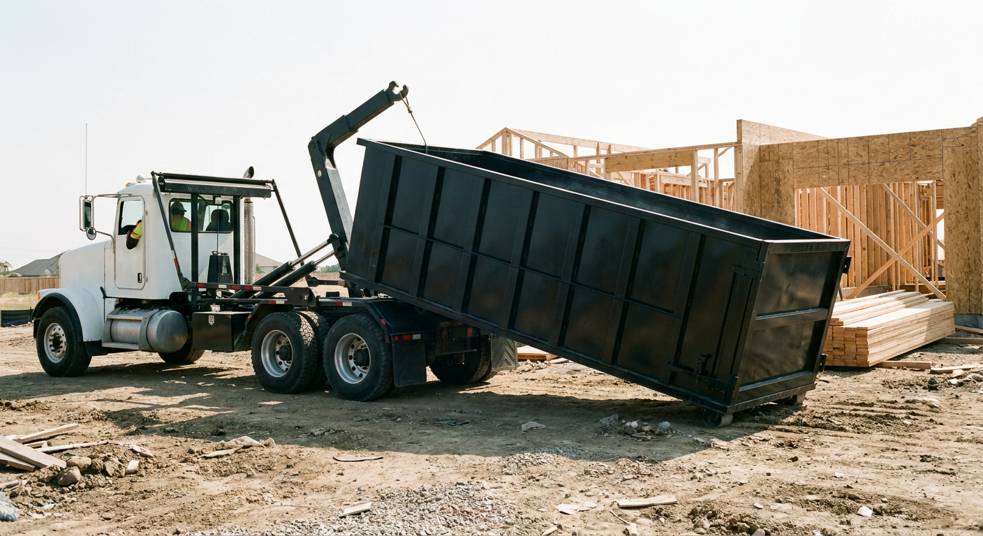 Matte-black roll-off dumpster being delivered onto a clean residential concrete driveway in Nutley by an unmarked white hooklift hauler truck, bright morning daylight, documentary 35mm perspective.