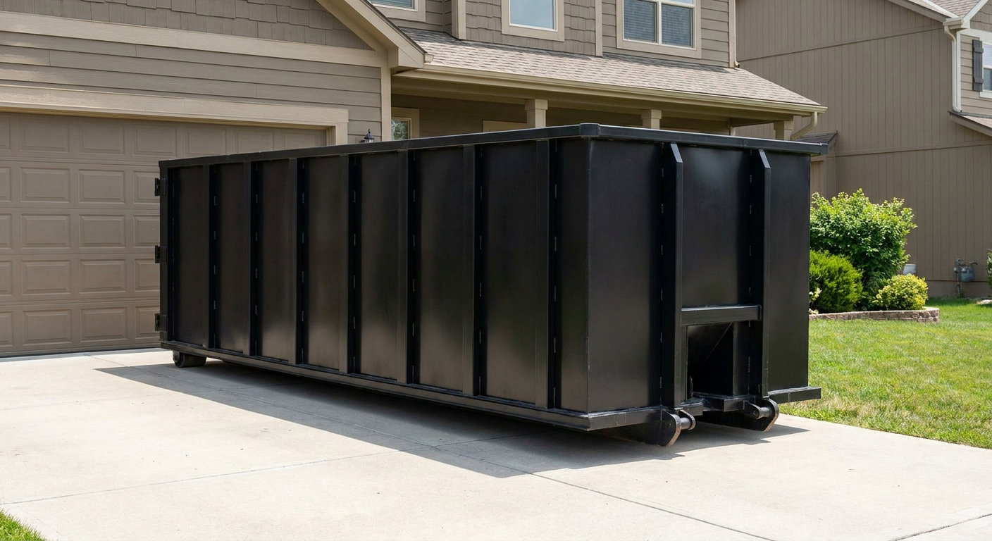 Matte-black residential roll-off dumpster sitting directly on a suburban Nutley concrete driveway, garage door closed, single-family home in background, bright morning daylight.