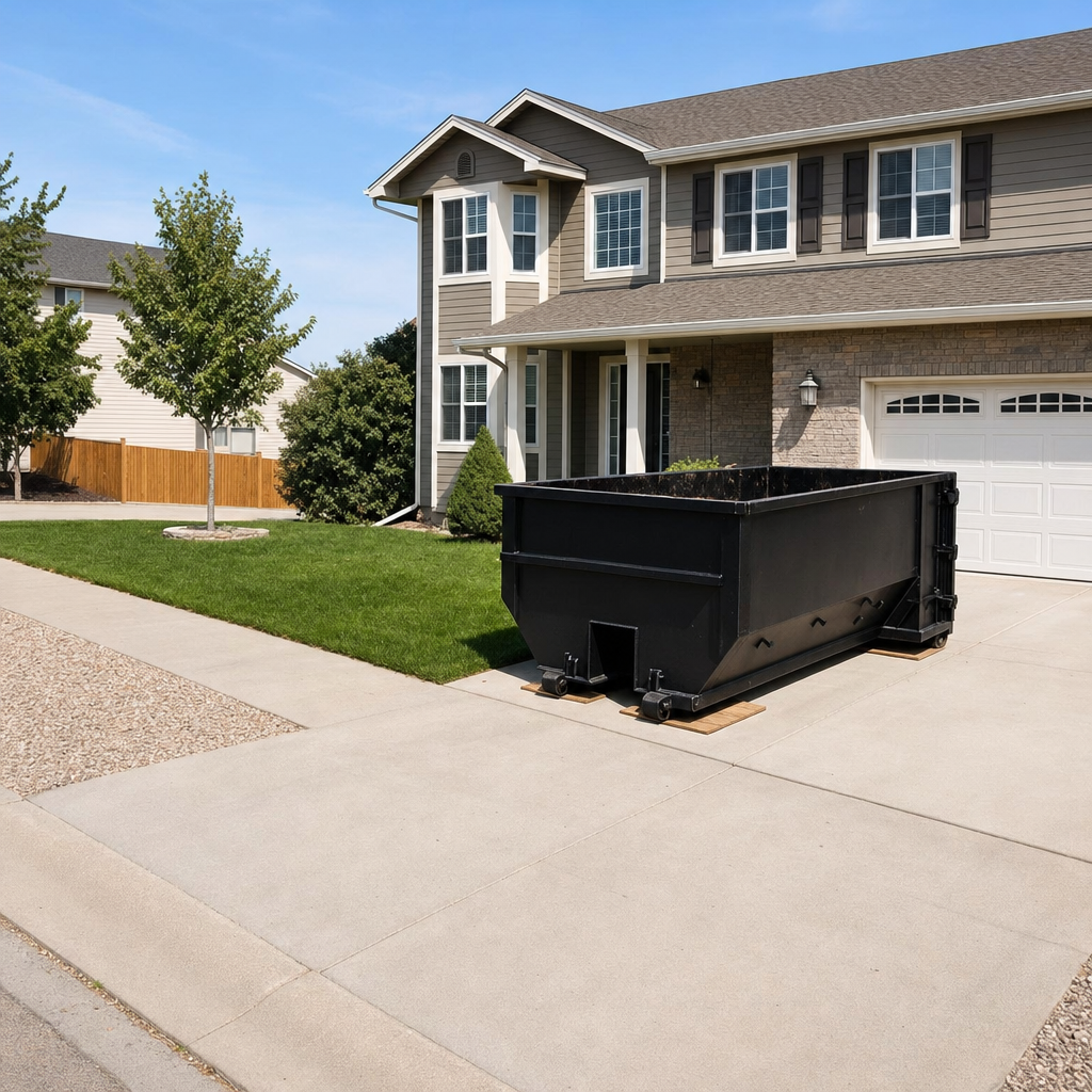 10-yard matte-black residential dumpster placed directly on a narrow Nutley concrete driveway, room remains for a parked sedan beside it, mid-morning natural light