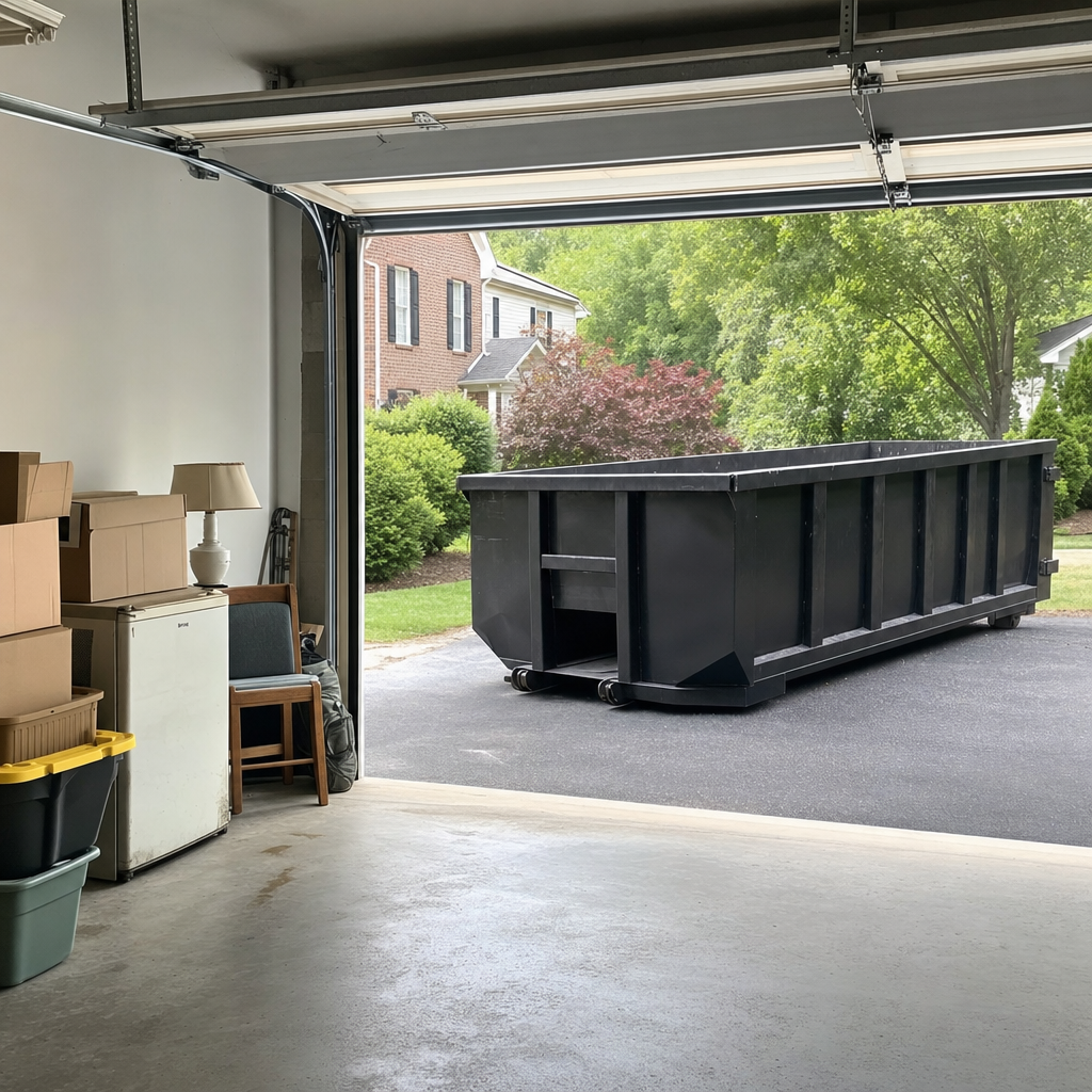 Open garage interior in a Nutley home mid-cleanout — boxed items, an old appliance, and stacked yard tools queued near the driveway for a matte-black roll-off dumpster, organized and calm