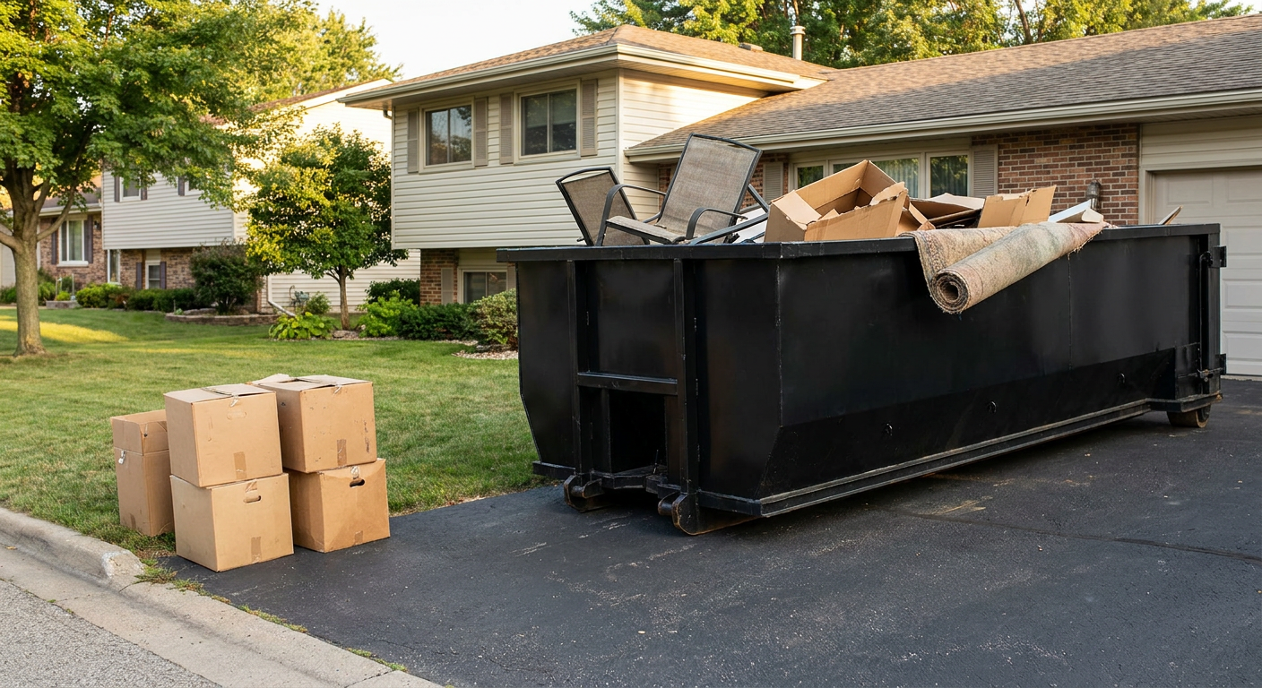 Front-yard view of a Nutley split-level home with a 20-yard matte-black roll-off dumpster sitting directly on the asphalt driveway, a few clearly labeled donation boxes staged at the curb, calm sunny afternoon.