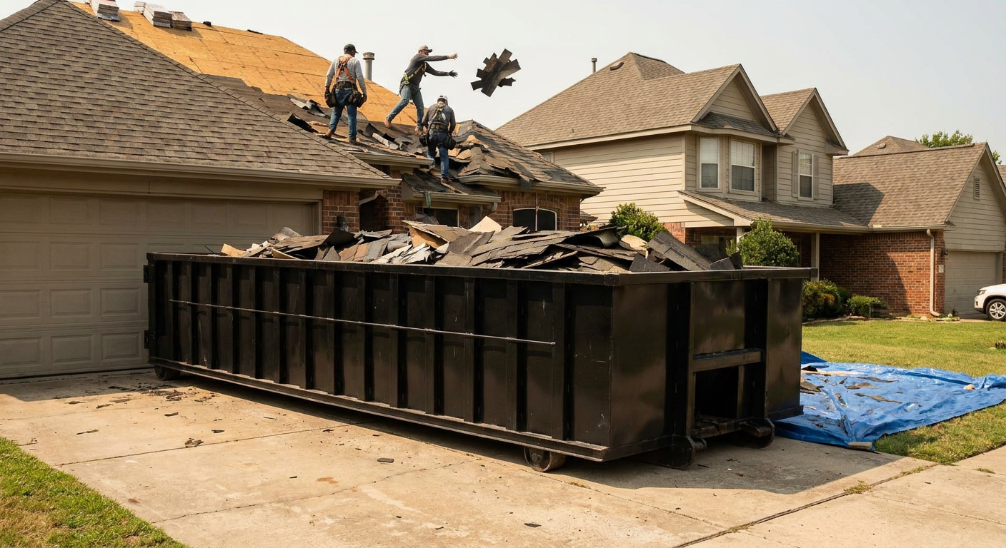 Matte-black roofing roll-off dumpster placed directly on a Nutley residential concrete driveway, a tear-off crew on a two-story asphalt-shingle roof tossing shingle bundles into the low-walled container, bright daylight, documentary 35mm perspective.
