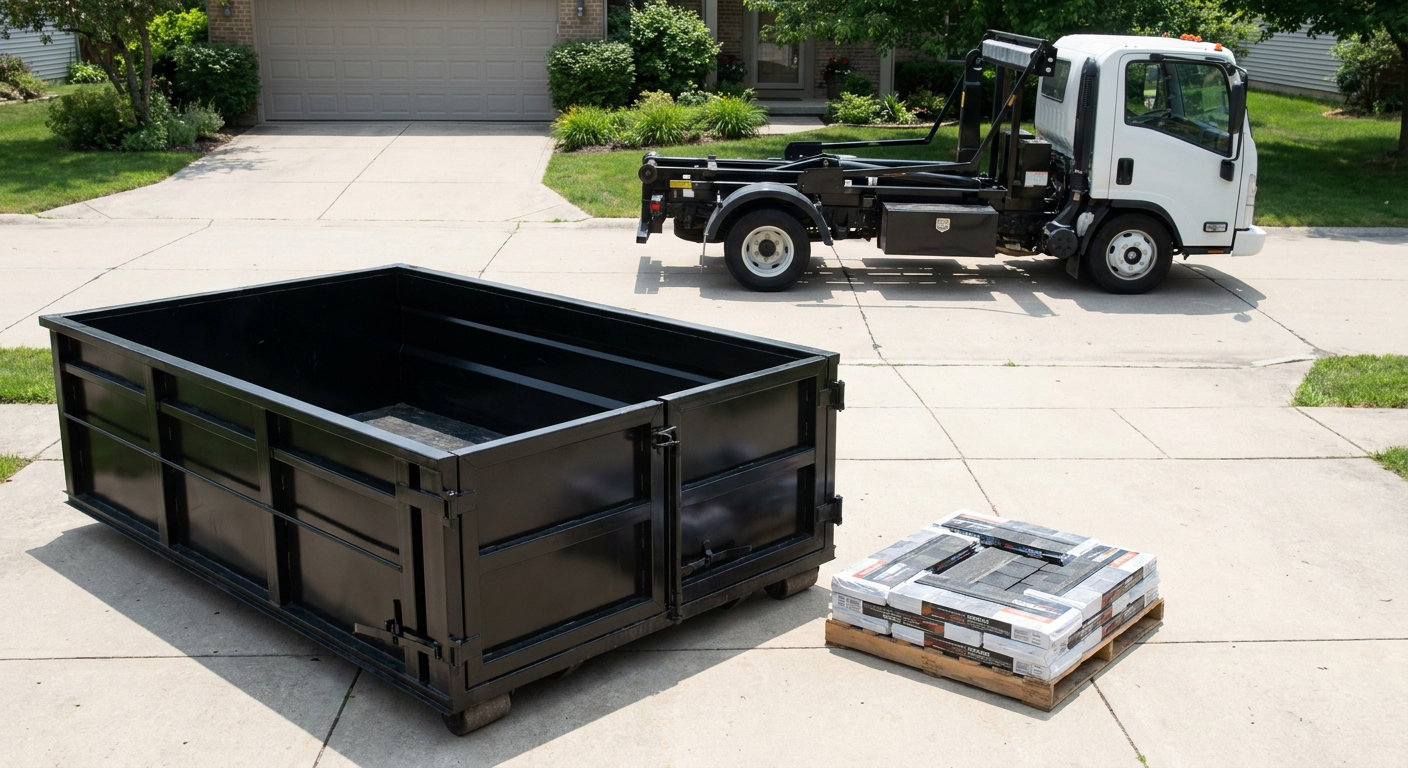 Matte-black 15-yard roofing roll-off dumpster with reinforced low side walls sitting directly on a Nutley residential concrete driveway, three-tab asphalt shingle bundles stacked nearby, an unmarked white hauler truck partially visible at the edge of the frame.