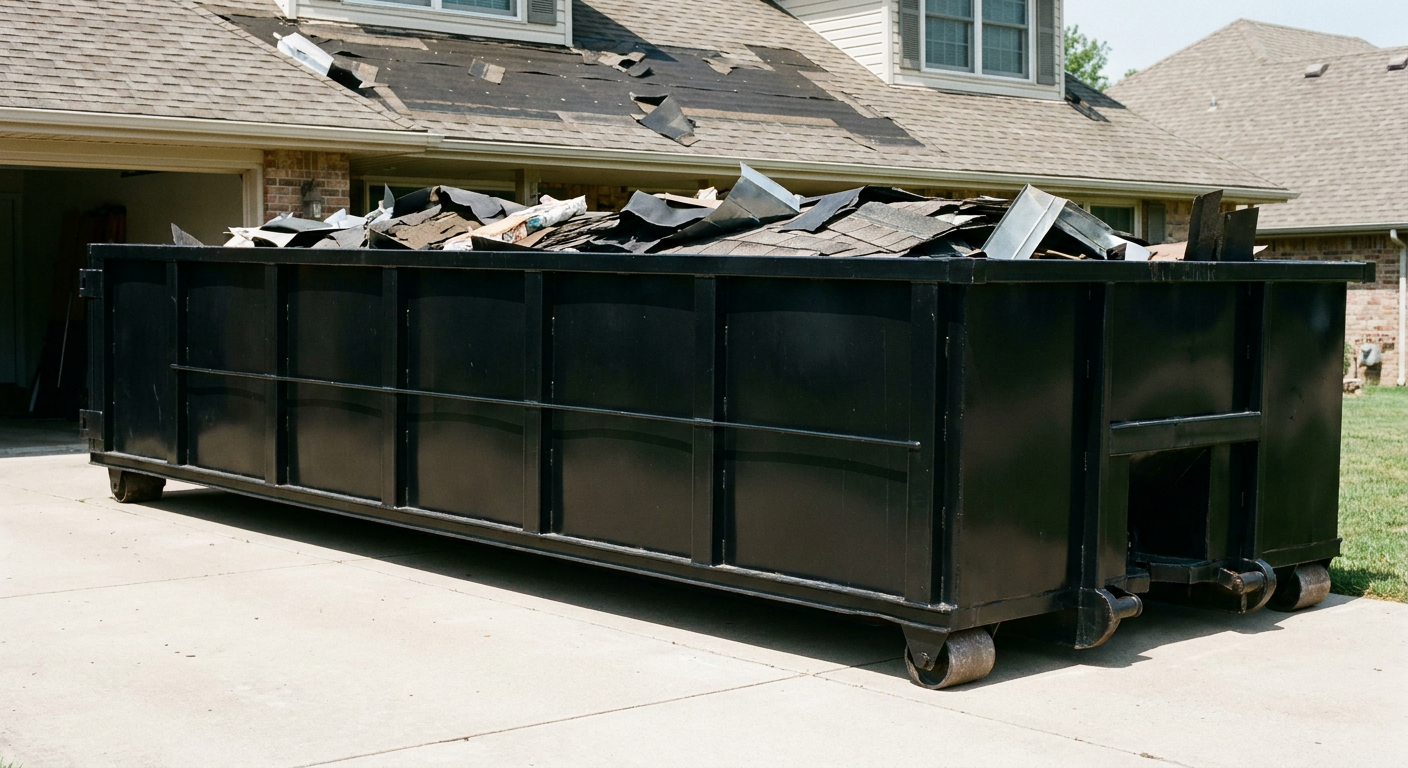 Matte-black 20-yard roofing roll-off dumpster with steel ribbed sides and swinging rear door, sitting directly on the concrete driveway of a two-story Nutley home, asphalt shingle debris being loaded over the low wall, clean documentary lighting.