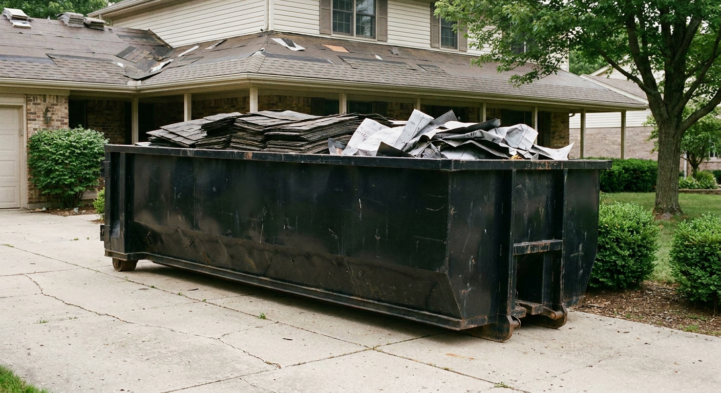 Matte-black 30-yard roofing roll-off dumpster sitting directly on a Nutley concrete driveway, taller ribbed steel side panels, mixed tear-off debris of asphalt shingles and underlayment inside, professional documentary daylight.