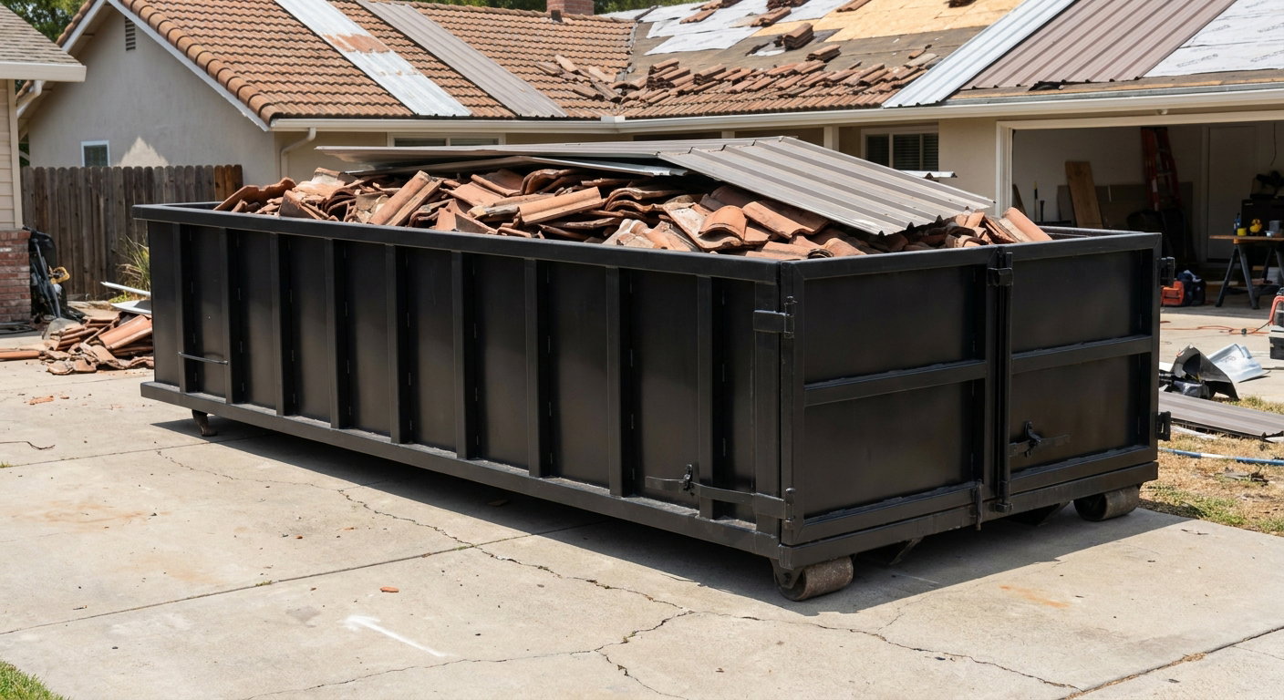 Matte-black low-wall heavy-debris roofing roll-off dumpster sitting directly on a Nutley concrete driveway, broken concrete clay roof tiles and metal panel sections loaded inside, reinforced ribbed steel side walls visible, bright outdoor daylight.