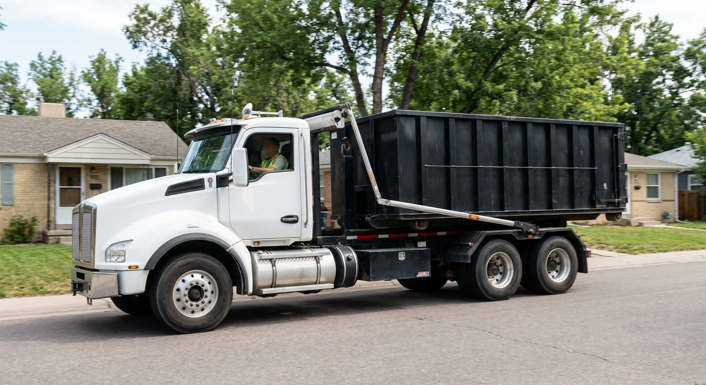 A wide documentary shot of a matte-black roll-off delivery truck pulling onto a quiet Nutley residential street at mid-morning, with neighborhood rooftops and tree-lined blocks visible behind, showing the metro coverage footprint.