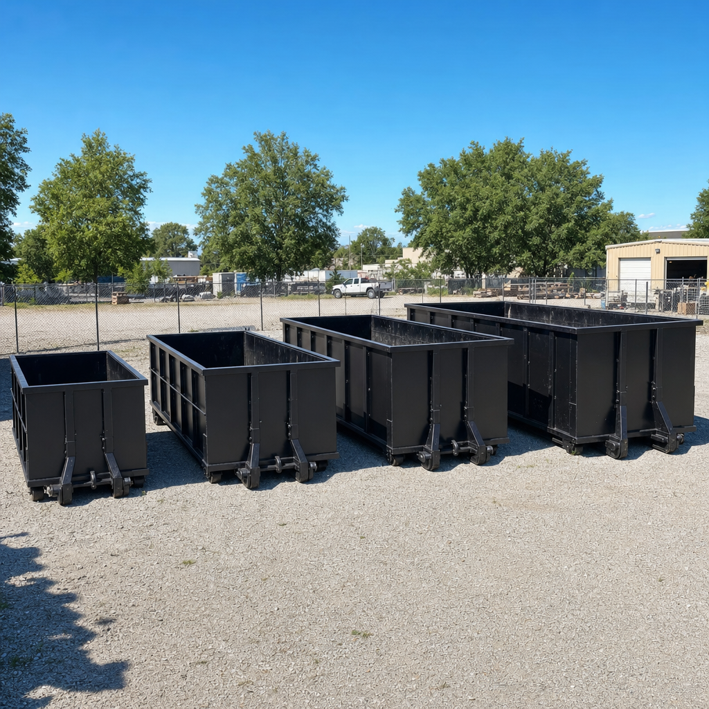 A clean lineup of matte-black roll-off dumpsters in 10, 20, 30, and 40-yard sizes staged on a sunlit gravel yard in Nutley, showing the size progression from compact to commercial-scale containers.