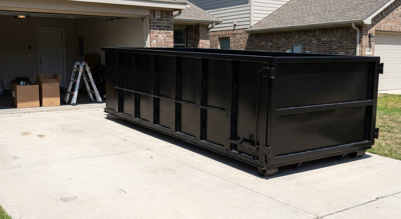 A matte-black 10-yard roll-off dumpster sitting directly on a residential Nutley concrete driveway, mid-day sunlight, clean and ready for a garage cleanout.