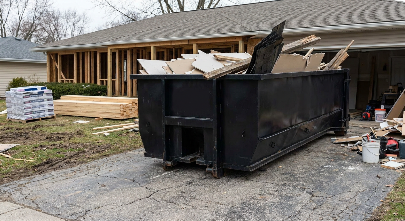 A matte-black 20-yard roll-off dumpster placed alongside a mid-renovation Nutley home directly on the asphalt driveway, with framing materials and torn-off shingles staged neatly nearby.