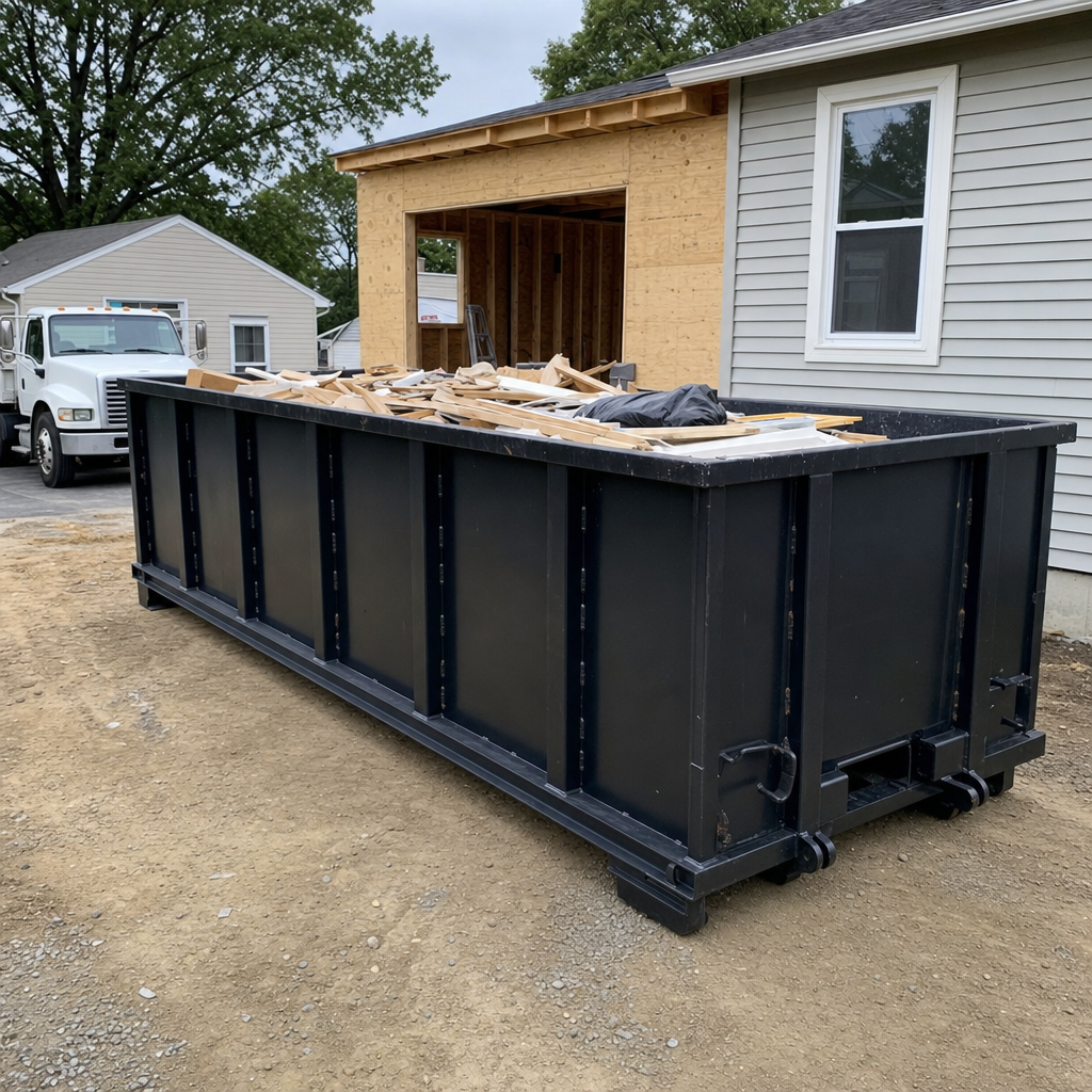 A matte-black 30-yard roll-off dumpster positioned at a Nutley residential addition jobsite, with framing lumber and drywall scraps loaded through the open swinging rear doors.