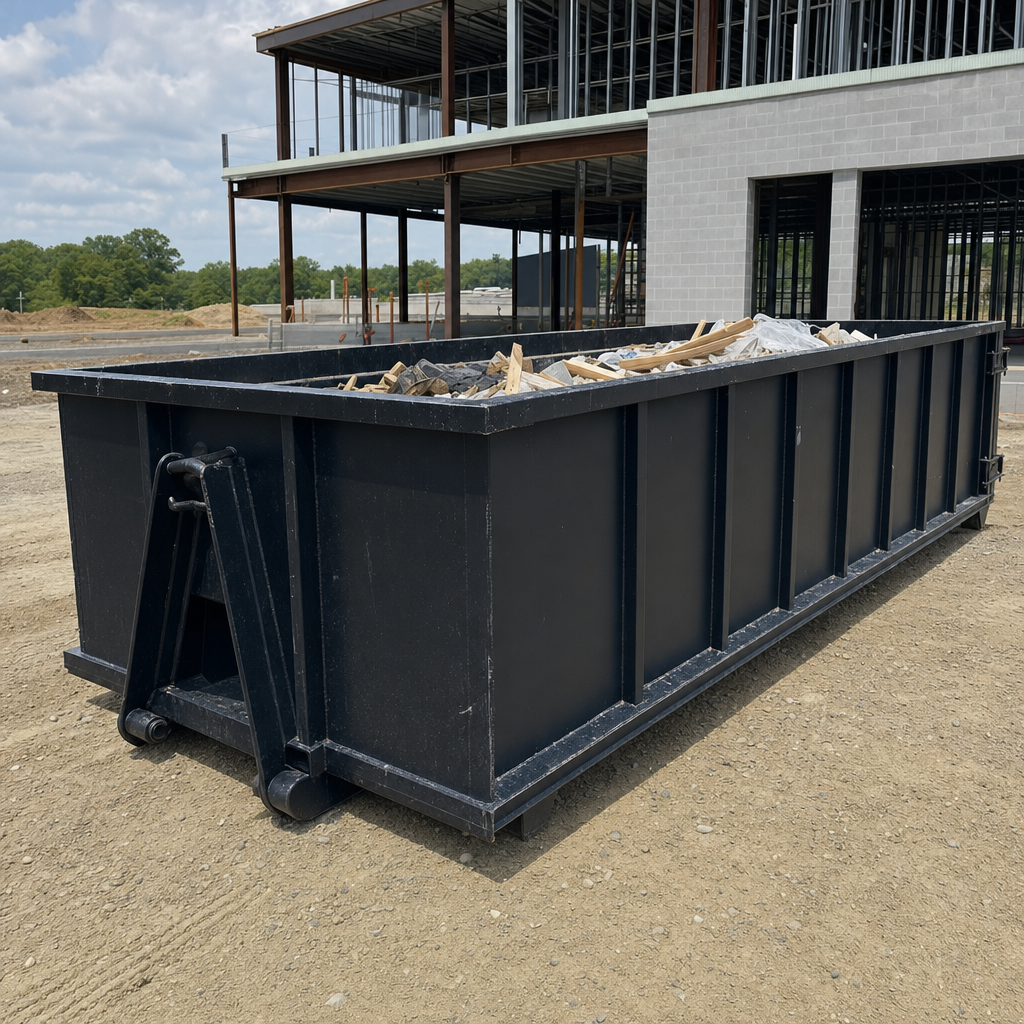 A matte-black 40-yard roll-off dumpster staged on a large Nutley commercial construction lot, with a hooklift delivery truck parked alongside under bright midday sky.