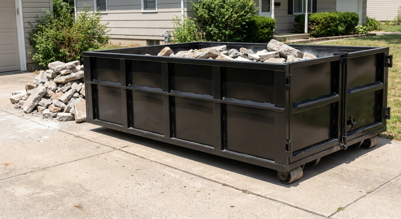 A matte-black low-side heavy-debris roll-off dumpster placed directly on a Nutley concrete driveway, with broken concrete chunks neatly stacked beside it under clean daylight.